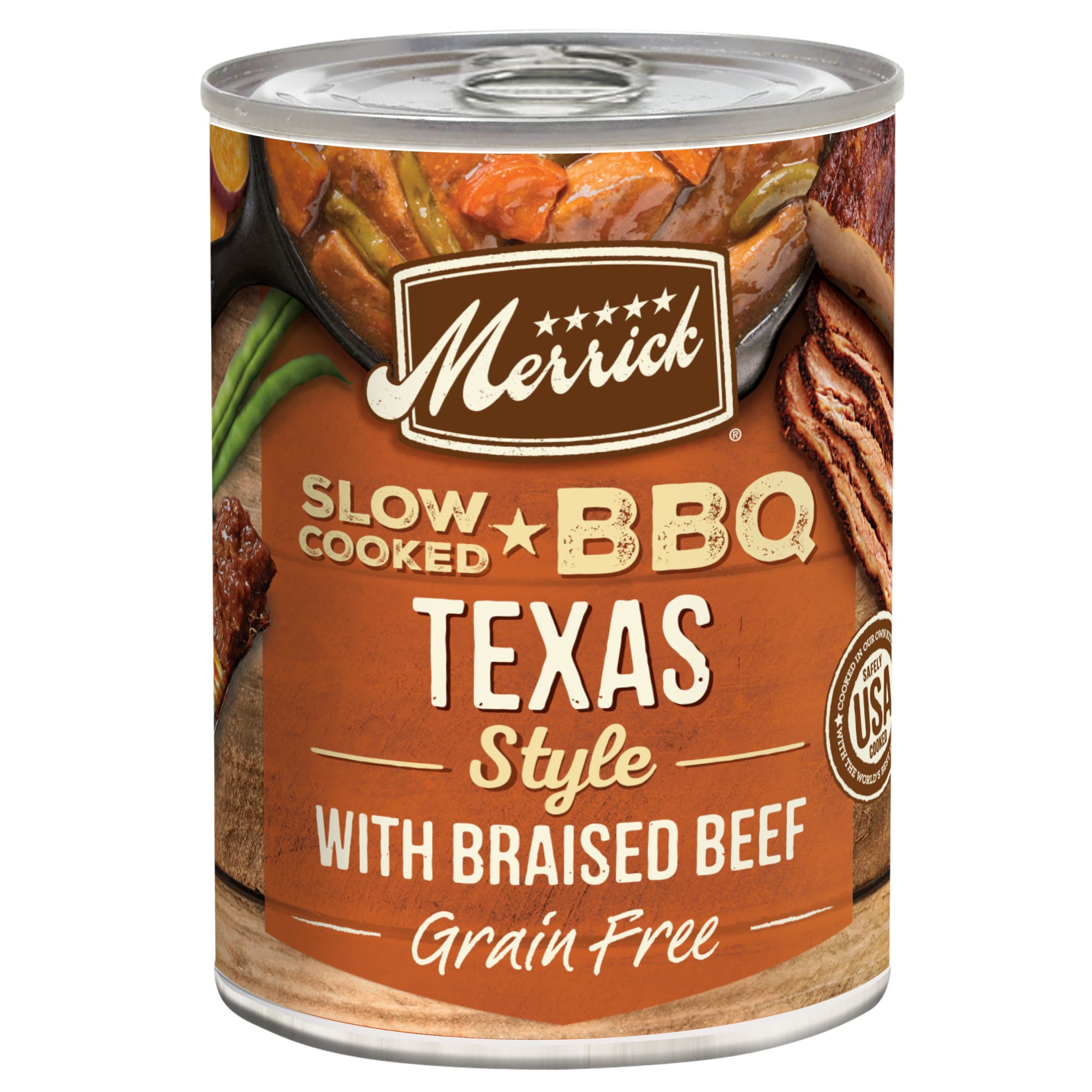 MERRICK BBQ Grain Free Slow-Cooked Texas Style with Braised Beef Canned Wet Dog Food， 12.7 oz.