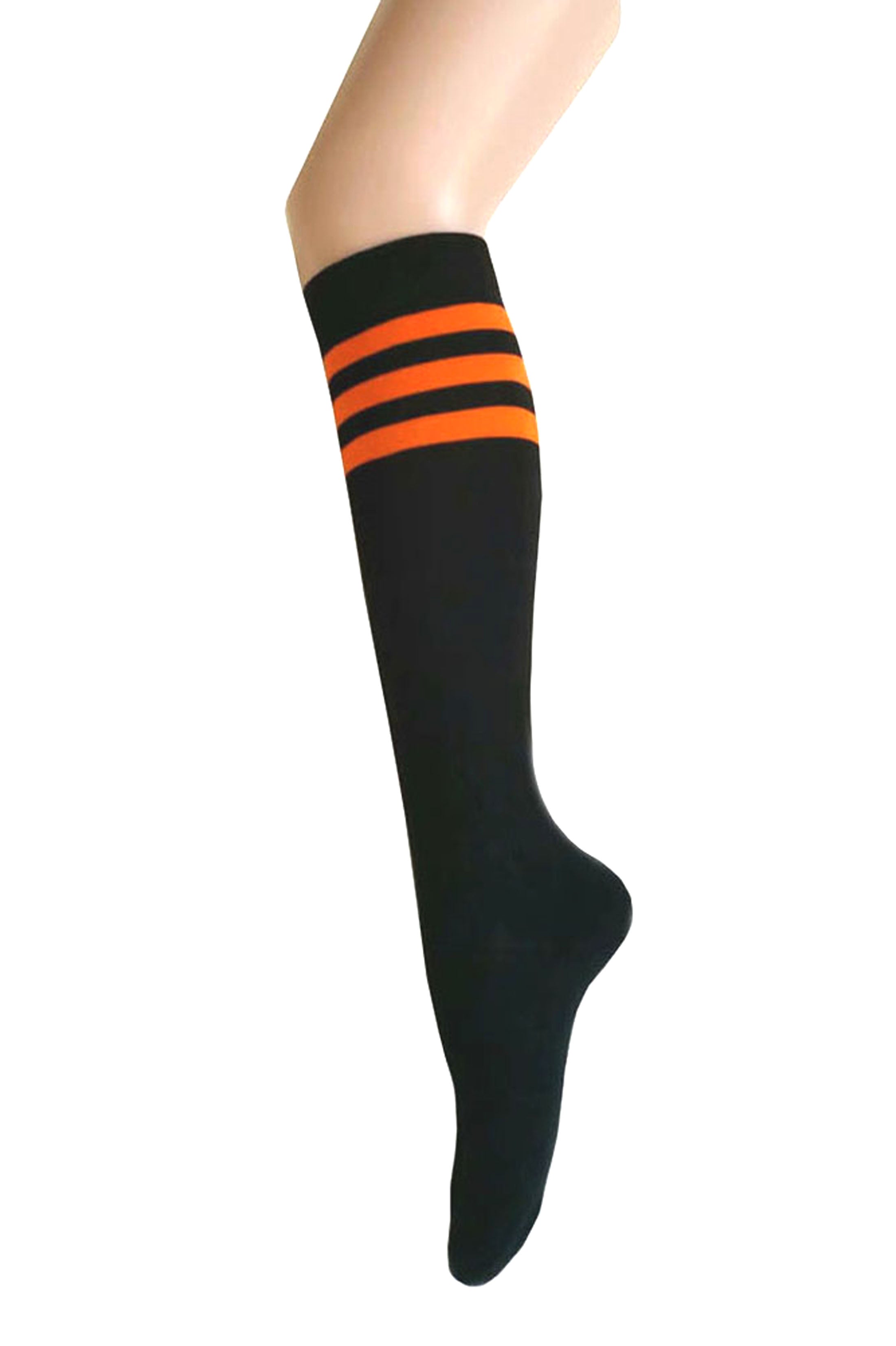 Women and Girls Roller Skate Retro Triple Stripes Tube Knee High Socks In Black with Orange Color