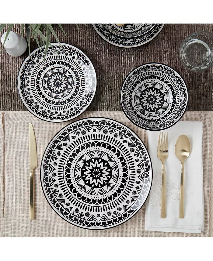 Tabletops Unlimited TTU Gallery 12-Pc  Black Pad Print Dinnerware Set Service for 4