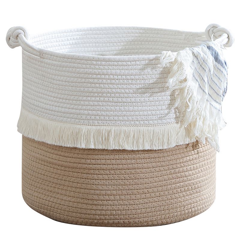 Ornavo Home Medium Round Woven Cotton Rope Boho Tassels Storage Basket