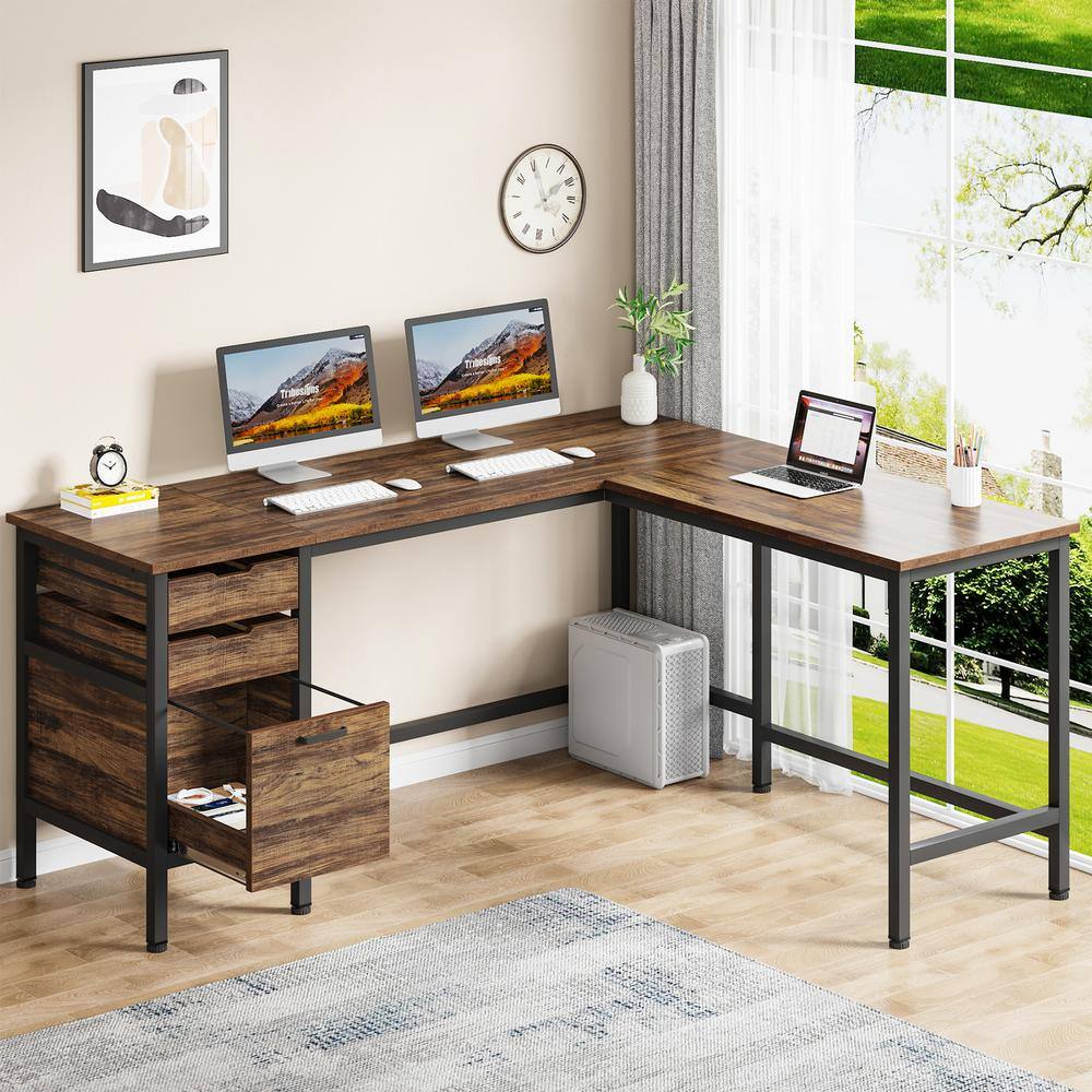 TRIBESIGNS WAY TO ORIGIN Perry 59 in. L-Shaped Brown Wood 2-Drawer Computer Desk with File Cabinet Home Office Desk Workstation HD-JW0479-HYF