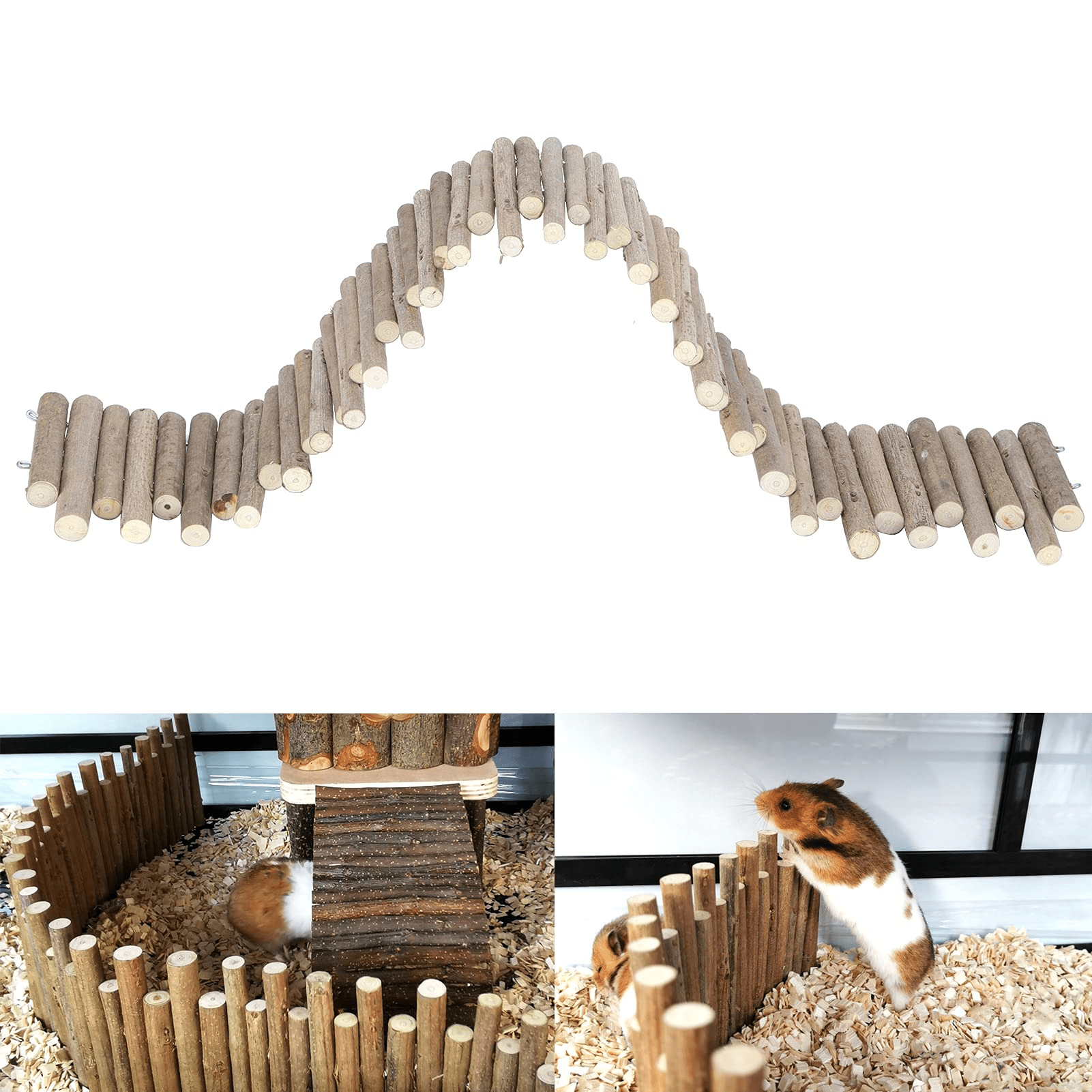 QBLEEV Hamster Wooden Fence， Flexible Wood Hideout ， Wooden Door and Standing Climbing Platform Basket Accessories for Chewing Toys Decor