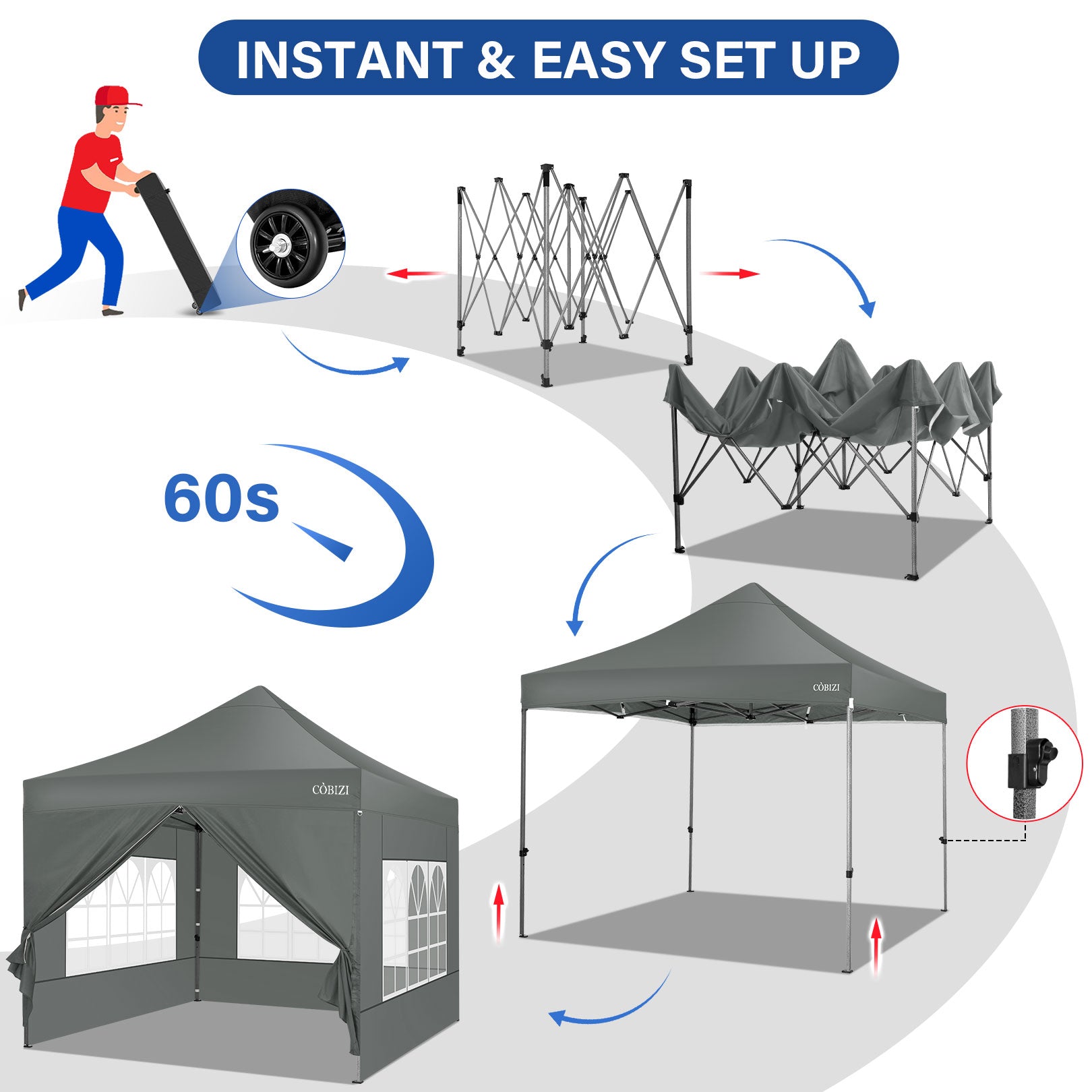 10' x 10' Pop Up Canopy Tent Heavy Duty Waterproof Adjustable Commercial Instant Canopy Outdoor Party Canopy with 4 Removable Sidewalls, Roller Bag, 4 Sandbags, Gray