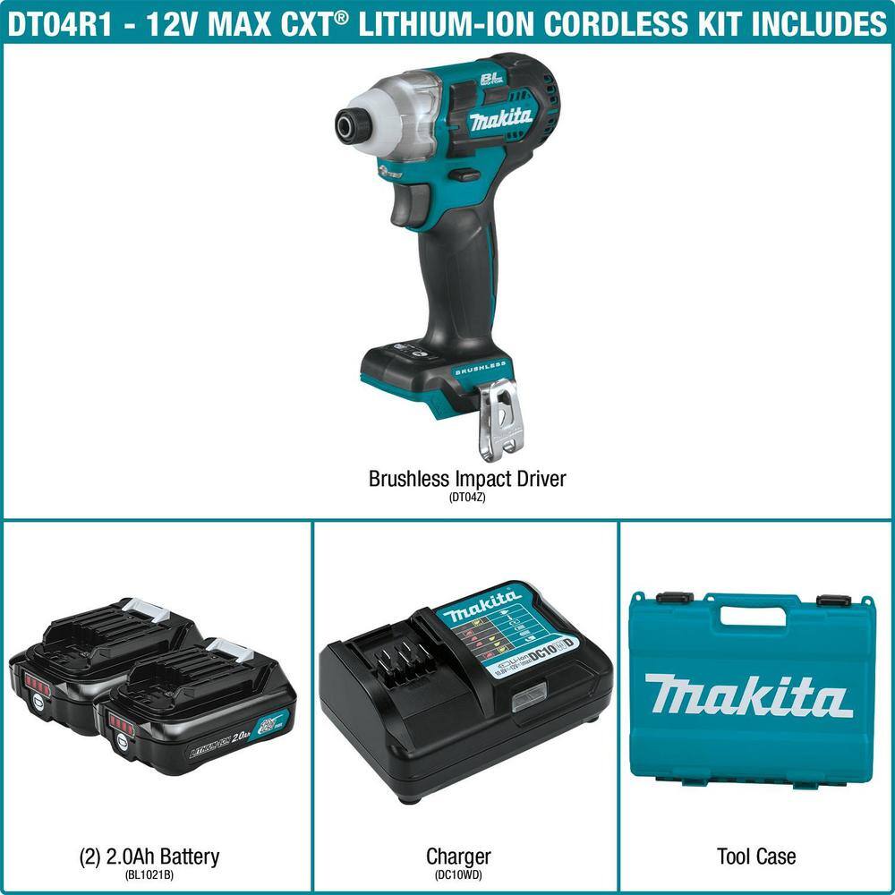 Makita 12V max CXT Lithium-Ion Brushless 14 in. Cordless Impact Driver Kit with (2) Batteries 2.0Ah Charger Hard Case DT04R1