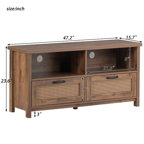 Rustic Rattan TV Stand with 2 Rattan Drawers and Open Storage， for TV ups to 55''