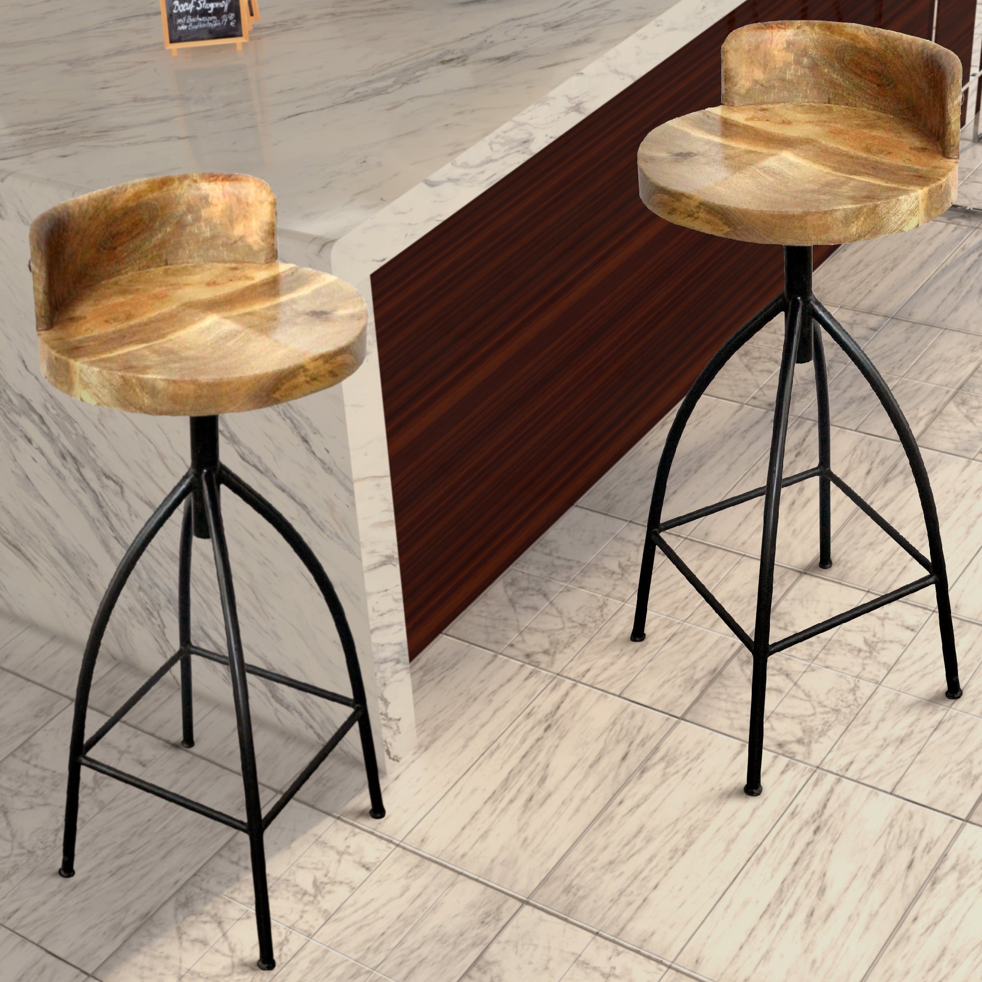 30 Inch Adjustable Mango Wood Bar Stool with Low Backrest， Brown