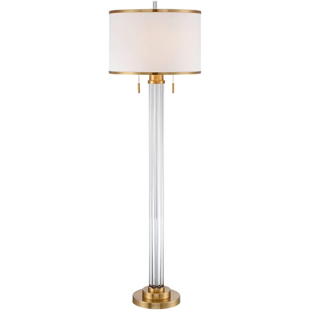 Tall Crystal Glass Column Satin Brass Linen Drum Shade For Living Room Bedroom Office House