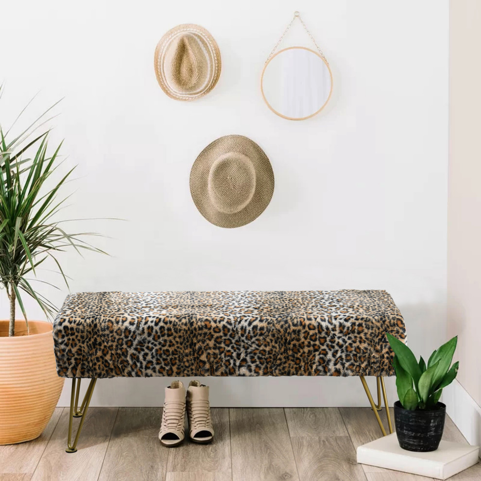 Leopard Faux Fur Bench With Gold Legs   Midcentury   Upholstered Benches   by BNF Home  Houzz