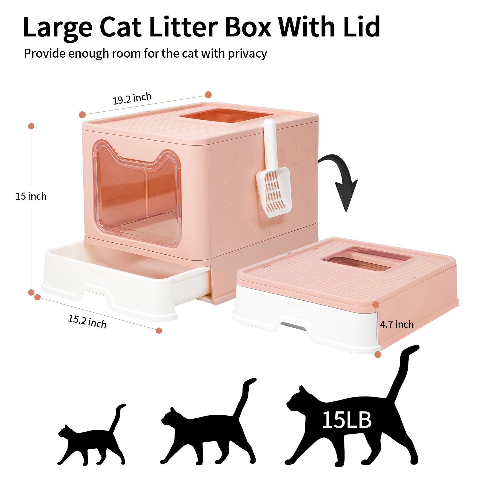 WiseWater Large Foldable Cat Litter Box with Lid， Top Entry Kitty Litter Box with Pet Plastic Scoop， Pink