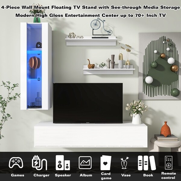 4-Piece Wall Mount Floating TV Stand with Media Storage Cabinet， Modern High Gloss RGB Entertainment Center up to 70+ Inch TV