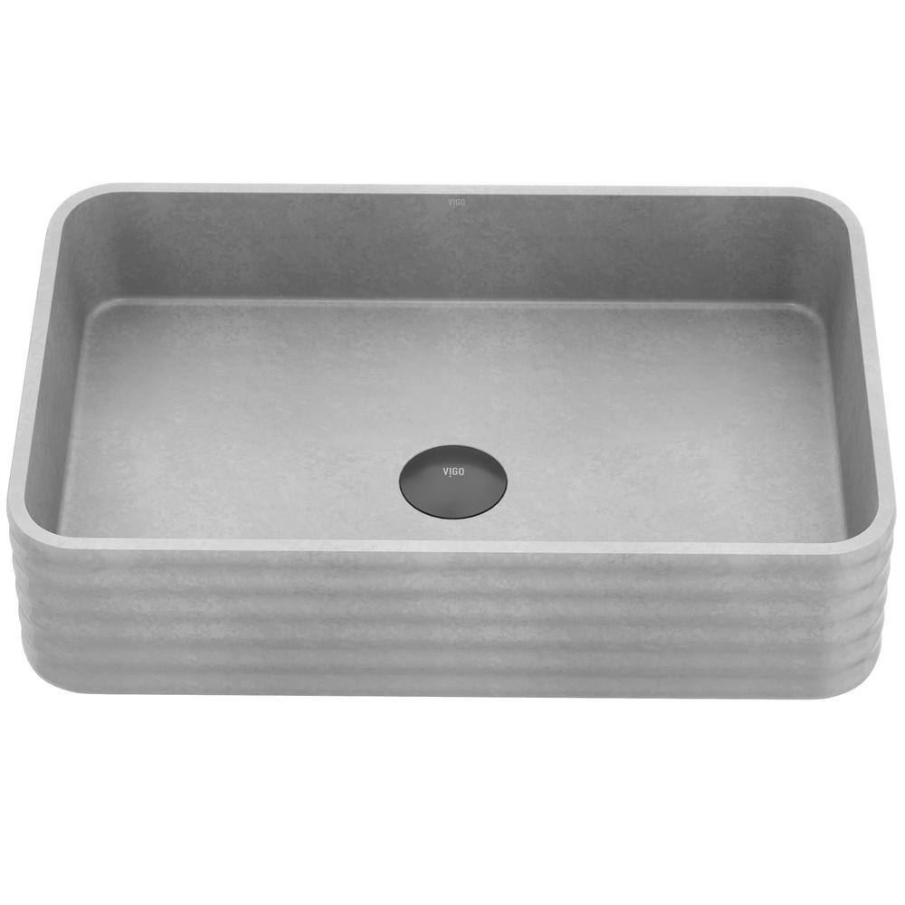 VIGO Cadman Modern Gray Concreto Stone 21 in. L x 14 in. W x 5 in. H Rectangular Fluted Bathroom Vessel Sink VG04074