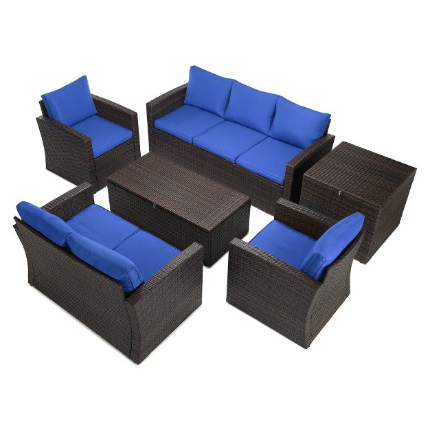 6pc Wicker Outdoor Conversation Set Weather resistant Royal Blue dark Brown Edyo Living Includes Sofa Loveseat Armchairs amp Tables