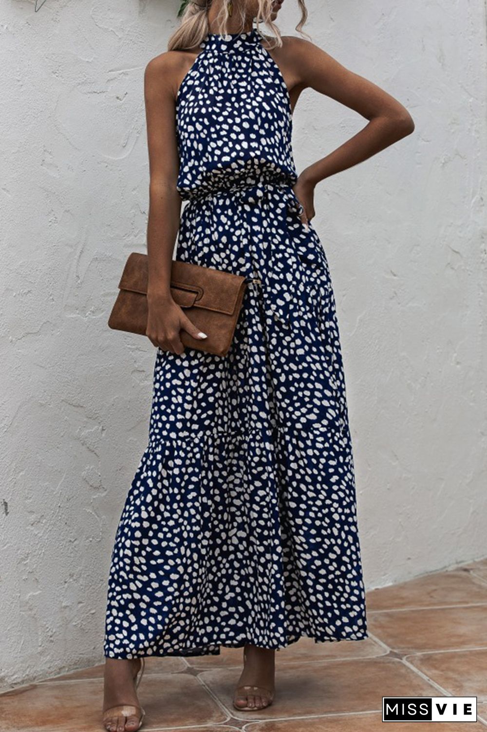 Halter Polka Dot Print Tie Waist Maxi Dress Wholesale