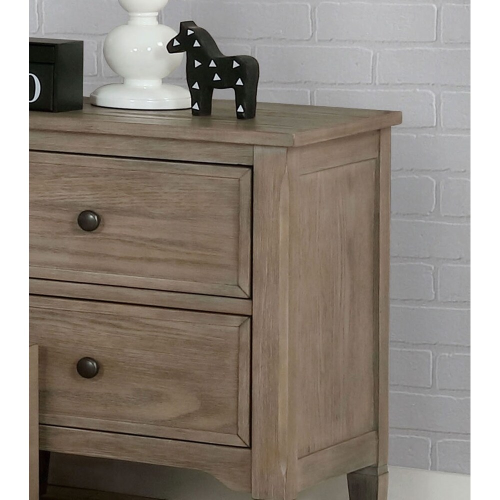 2 Drawers Nightstand with Round Pull Knobs  Wire Brushed Warm Gray
