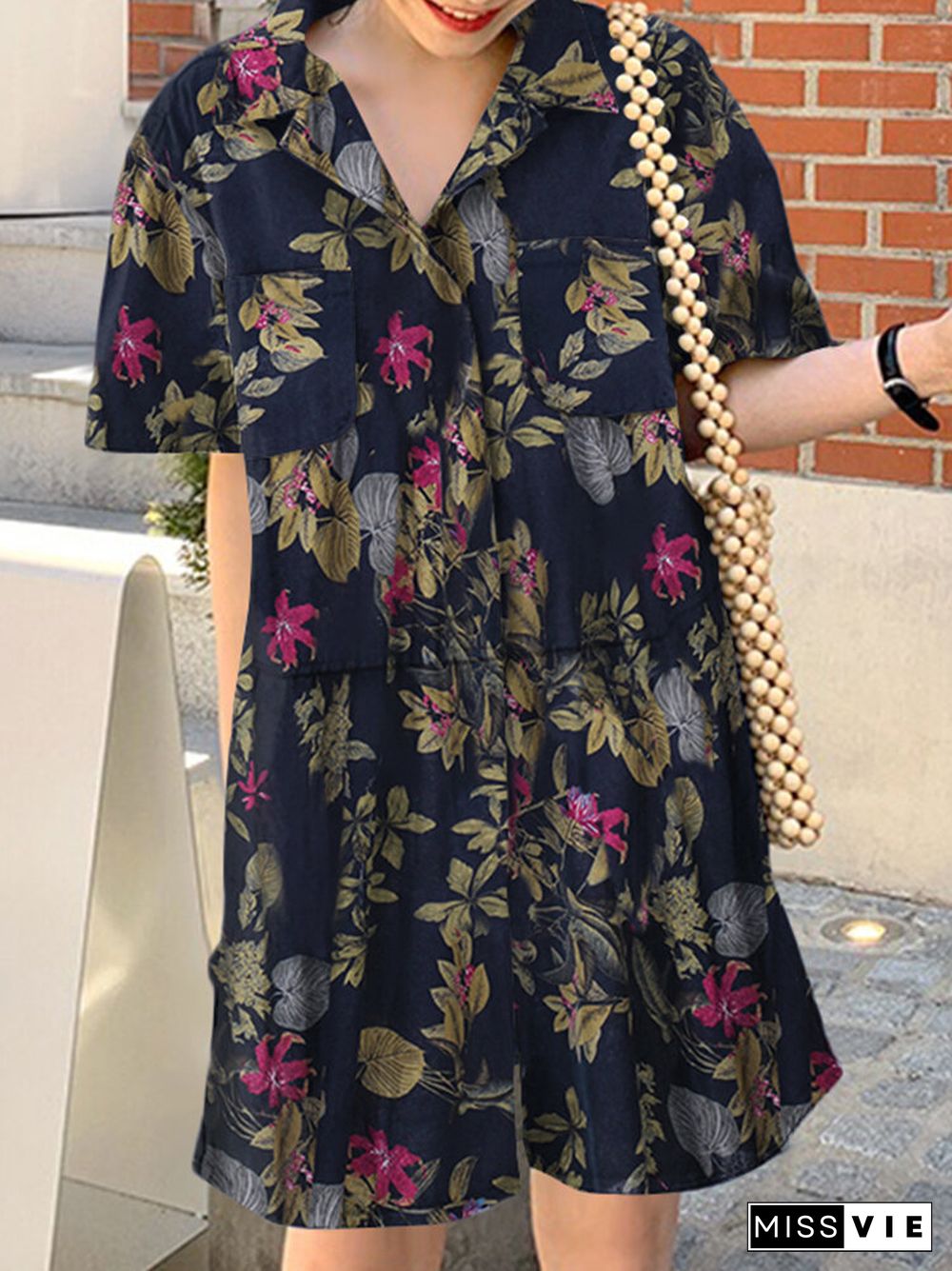 Plant Print Pocket Short Sleeve Lapel Casual Cotton Romper