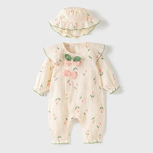 Autumn Spring Lovely Princess Style Infant Baby Girls Long Sleeve Jumpsuit+Hat Baby Girl Clothing Toddler Baby Girl Romper