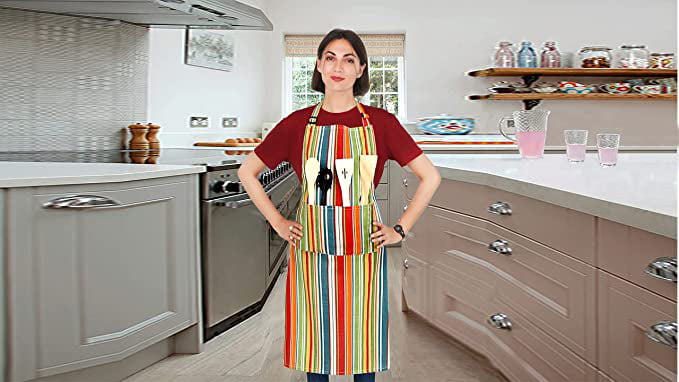 Ruvanti Cute Aprons for Women with Pockets Adjustable up to XXL， Cooking， Kitchen， Server， Chef Apron-Multi Stripe