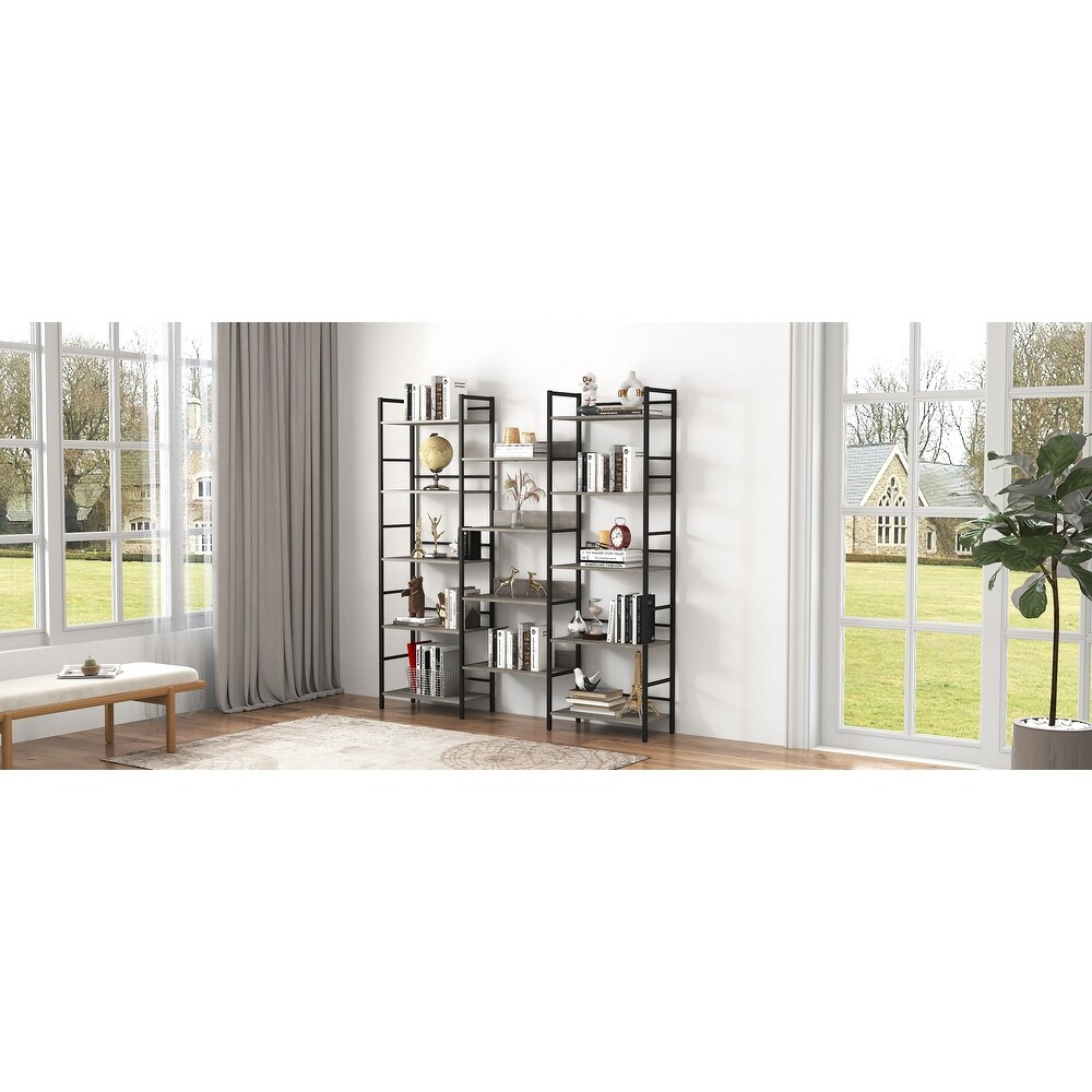 Triple Wide 5 shelf Bookshelves Retro Wooden Style Home and Office Large Open Display Shelf 69.3''W x 11.8''D x 70.1''H