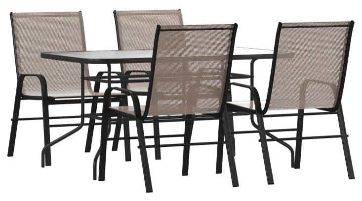 Brazos 5 Pc Outdoor Dining Set 55 quotTempered Glass Patio Table  4 Stack Chairs   Transitional   Outdoor Dining Sets   by Pot Racks Plus  Houzz