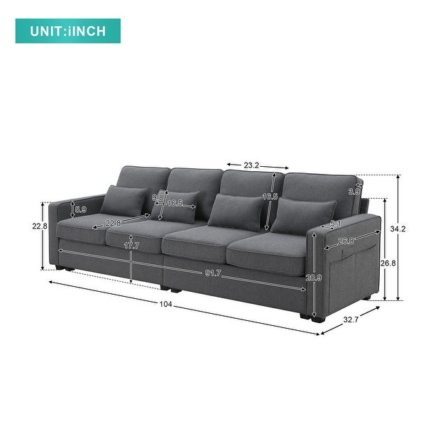 4 Seater Modern Linen Fabric Sofa with Armrest Pockets and 4 Pillows