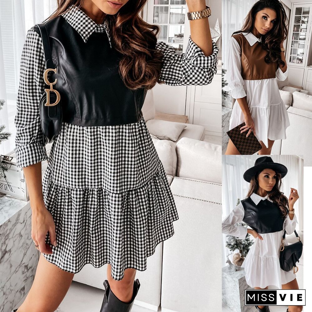 Fall Shirt Collar Y2k Dress Women Patchwork Contrast Print Plaid Leather Women's Dress Vestidos De Mujer