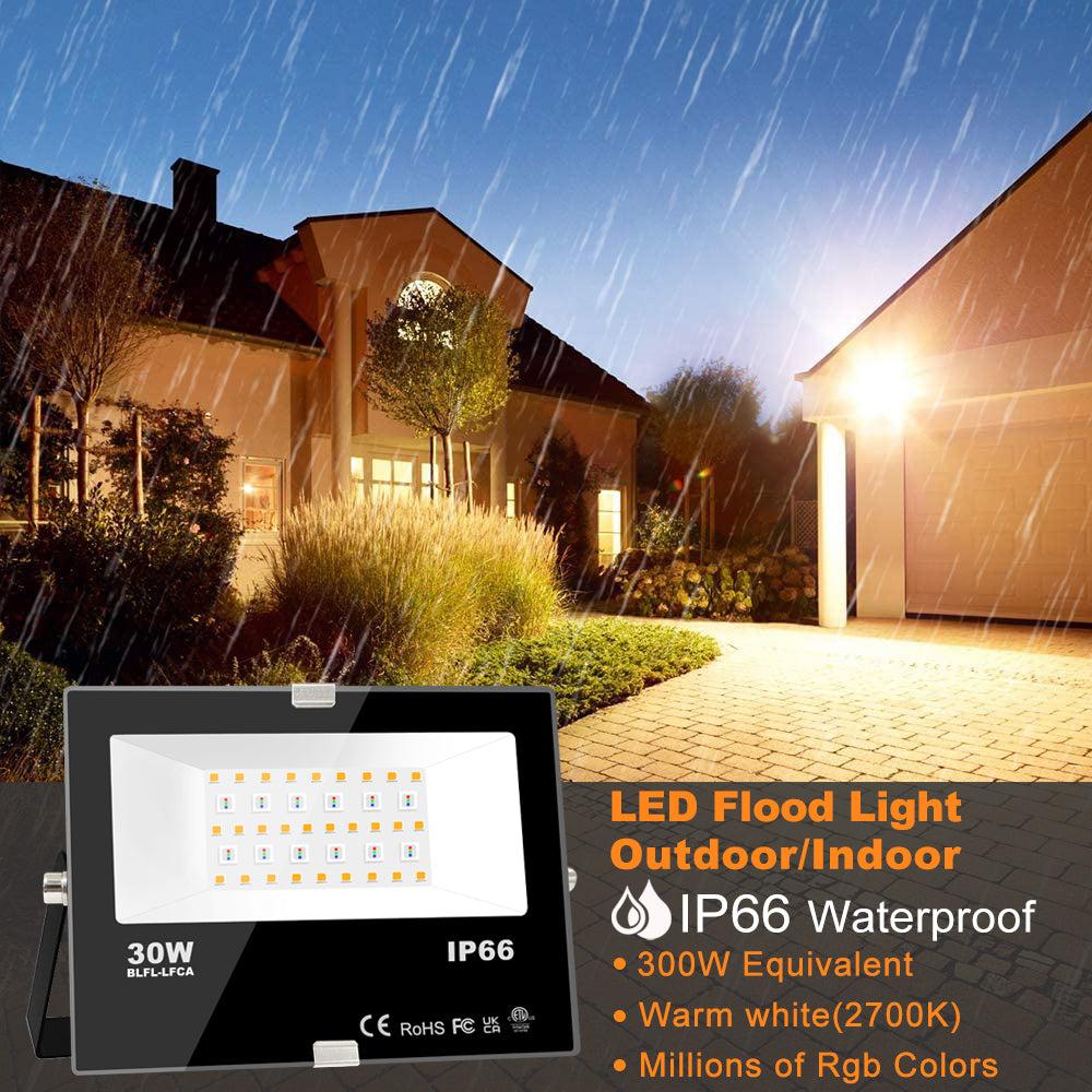 RGB LED Flood Light Outdoor 300W Equivalent Color Changing Smart Floodlights Colored Water Proof Garden Lawn Landscape Lighting Christmas Light AC110V 1 Pack