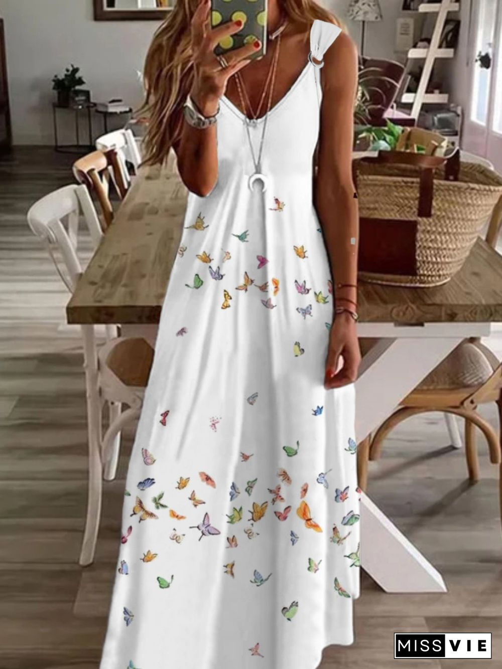 Casual Butterfly Sleeveless V Neck Plus Size Printed Dress