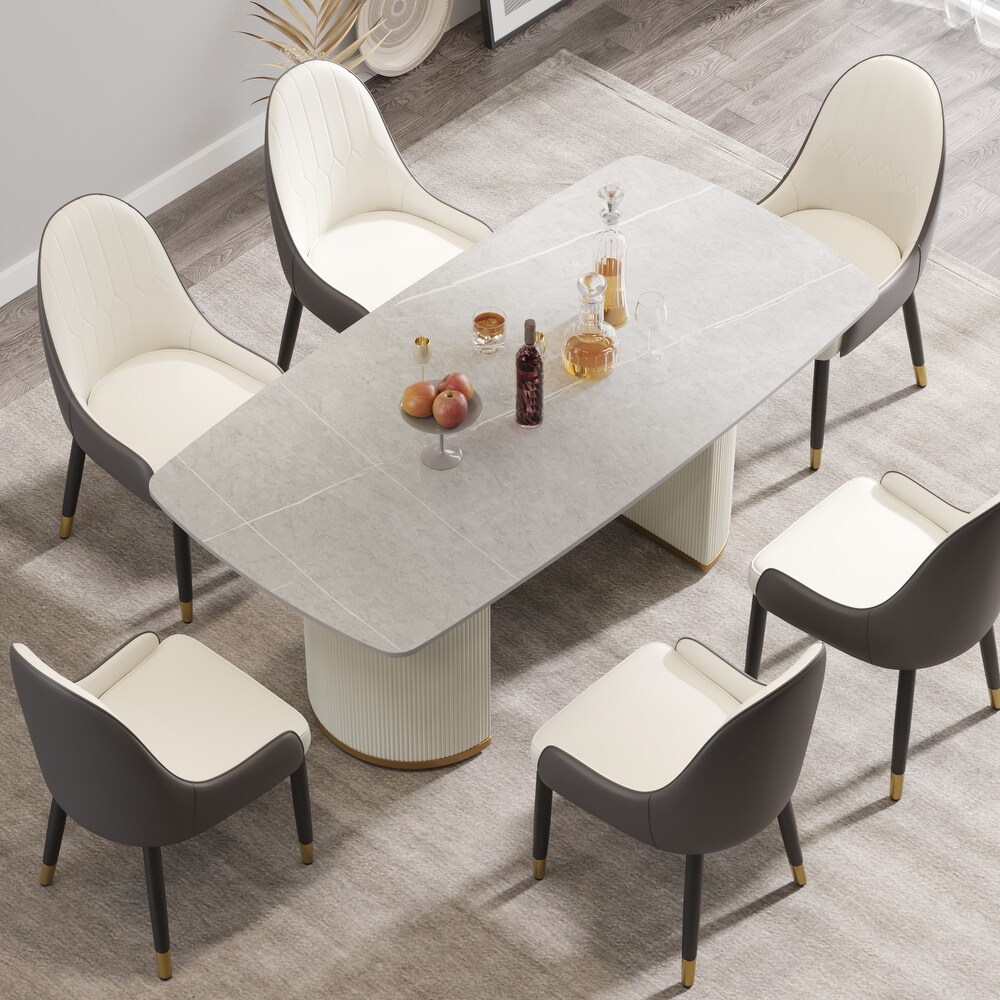 71 '' Modern Dining Table for 8  Rectangular Curved Marbel Tabletop + Beige Double Pedestal   N/A