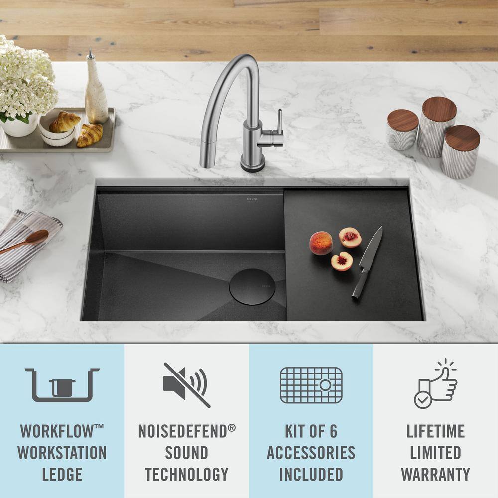 Delta Rivet16 Gauge Black Stainless Steel 32 in. Single Bowl Undermount Workstation Kitchen Sink in PVD Gunmetal Finish 95B9031-32S-GS