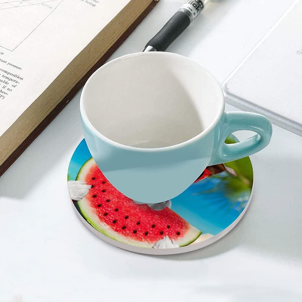 4pcs Round Jack Russell Dog Eating A Fresh Watermelon Ceramic Coasters With Cork-backed For Coffee Drink Cup Mat Absorbent Stone Coasters