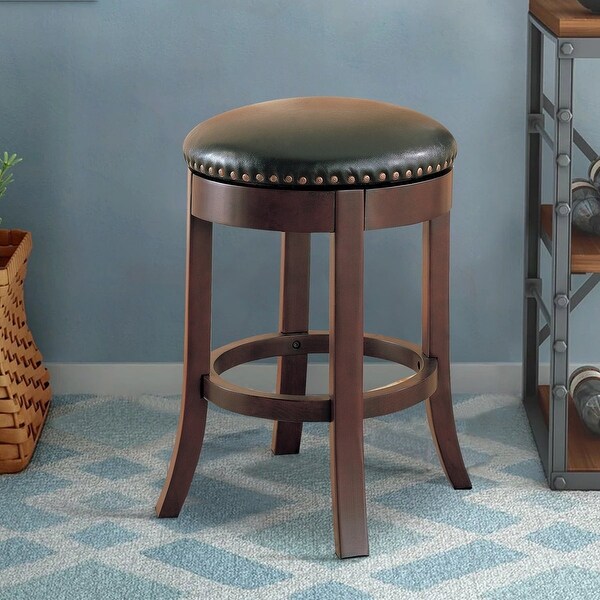 Round Wooden Counter Height Stool with Upholstered Seat， Brown， Set of 2 - 24 H x 19 W x 19 L Inches