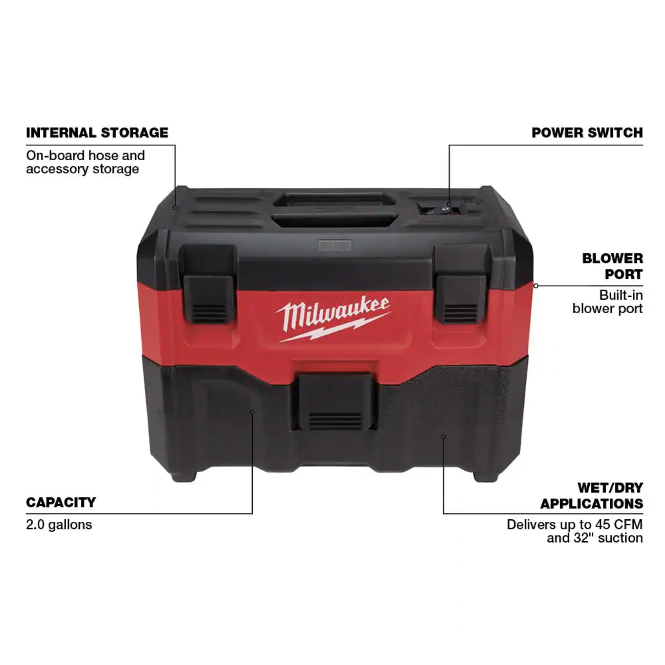 Milwaukee M18 18-Volt 2 Gal. Lithium-Ion Cordless Wet/Dry Vacuum w/AIR-TIP 1-1/4 in. - 2-1/2 in. (3-Piece) Crevice and Nozzle Kit