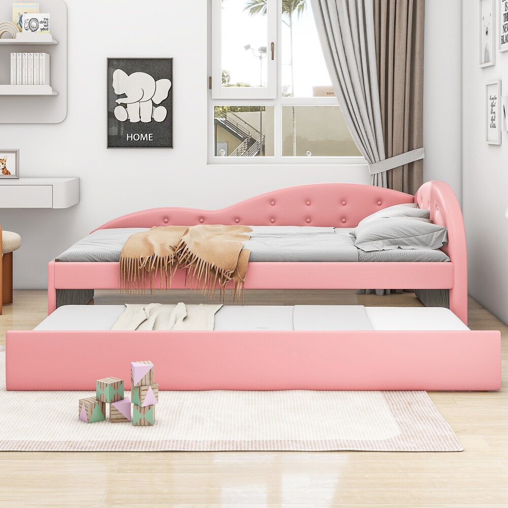 Twin Size PU Upholstered Daybed with Unique Cloud Shaped Guardrail  Cute Wooden Daybed with Trundle Wood Slat Support  Pink