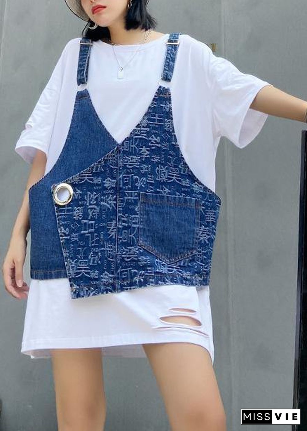 Hole white short-sleeved t-shirt female loose summer large size shirt denim vest suit two-piece suit