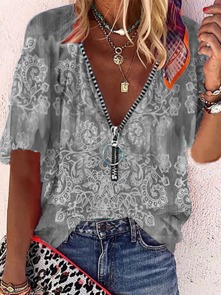 V-neck Zip Ethnic Print Short Sleeve Blouse