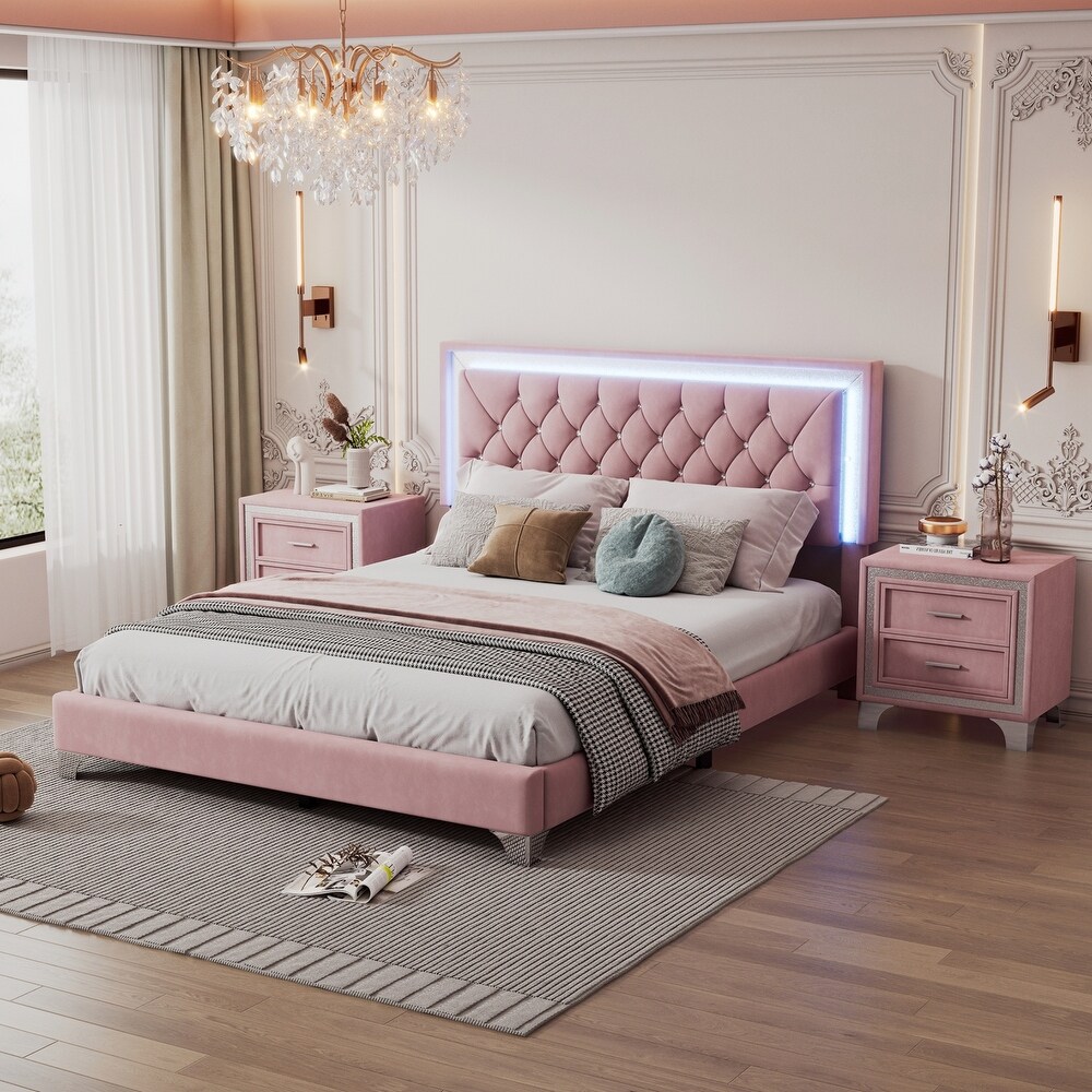 3 Pieces Bedroom Sets Platform Bed Velvet Upholstered Queen Bed Frame with Crystal Tufted LED Headboard and 2 Nightstands