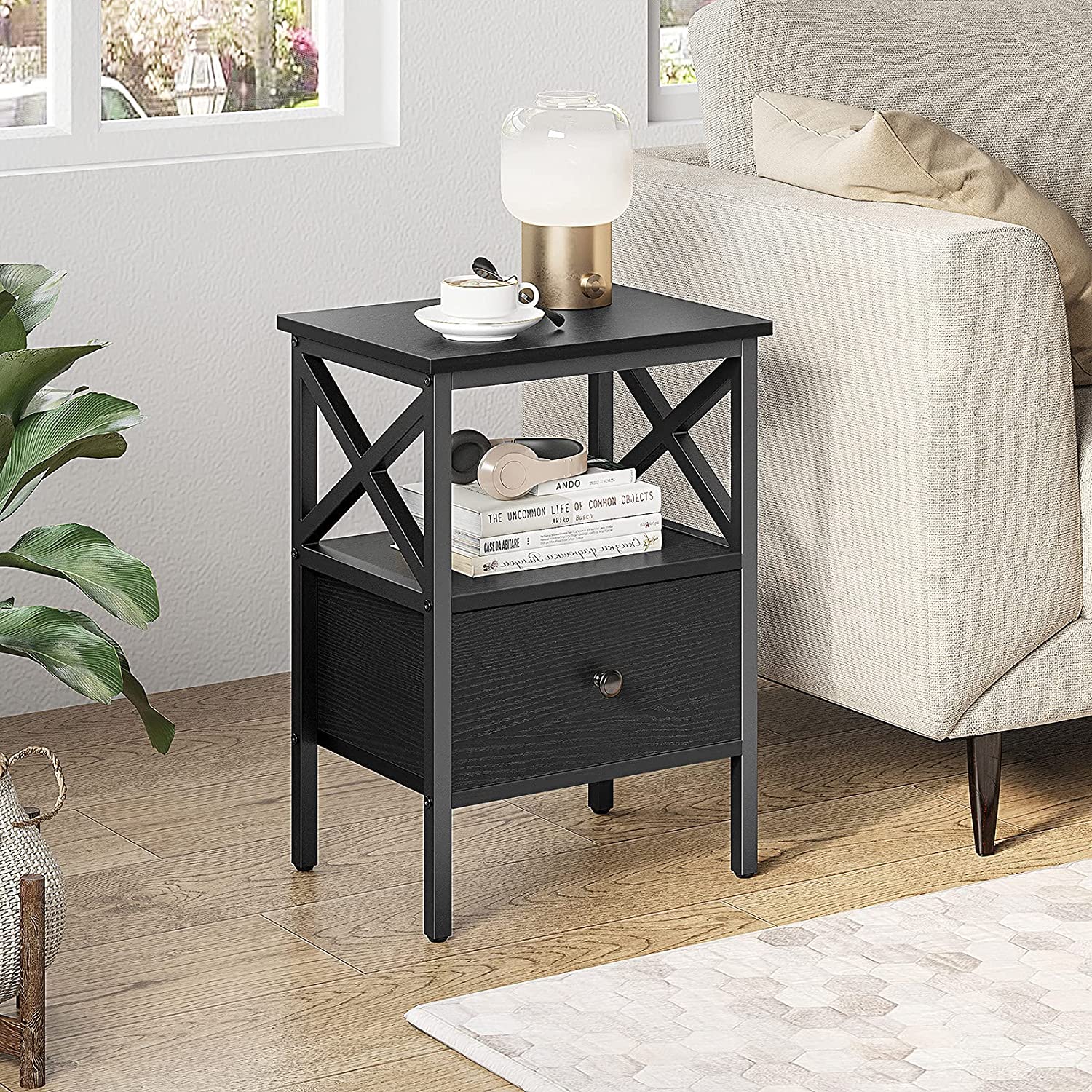 YITAHOME Nightstand Set of 2, End Tables with Drawer and Storage Shelf, Bedside Tables, Sofa Side Tables, Bedroom Living Room Furniture, Black