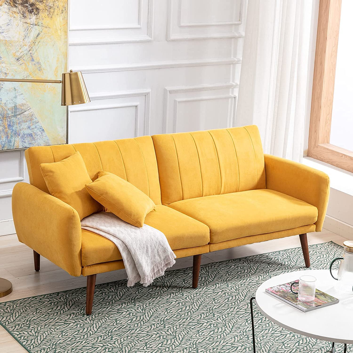 Vicluke Convertible Futon Sofa Bed, Modern Linen Split-Back Folding Sleeper Sofa Couches with Adjustable Backrest, Armrest, Wooden Frame & Leg for Living Room, Apartment, Hotel(Yellow)