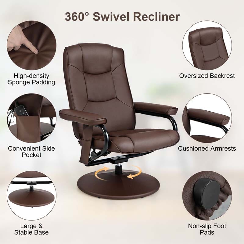 360° Swivel Massage Recliner Chair with Ottoman, Faux Leather Lounge Armchair for Living Room Bedroom Office