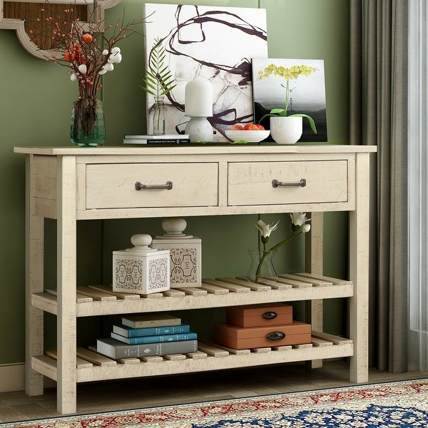 Retro Console Table for Entryway with Drawers and Shelf Living Room