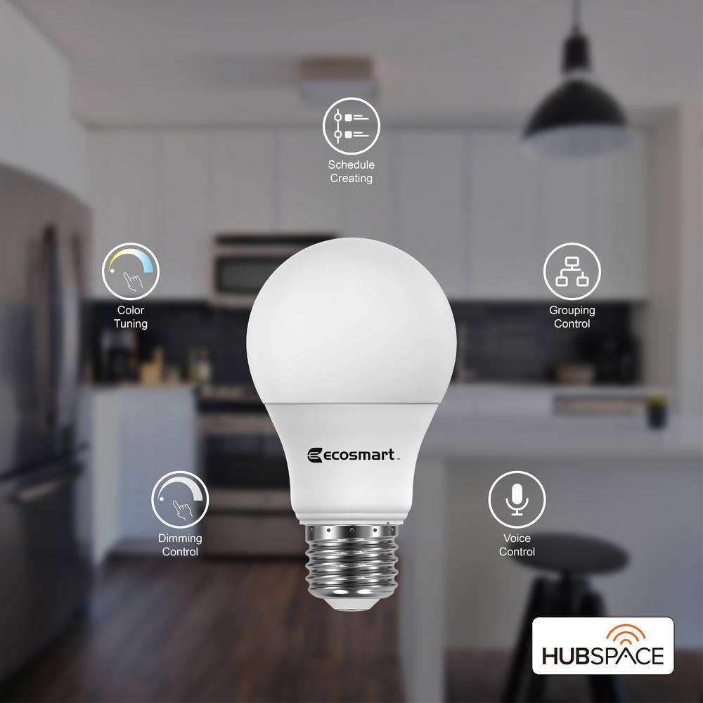 EcoSmart 60-Watt Equivalent Smart Hubspace A19 LED Light Bulb Tunable White (4-Pack) Works with Amazon Alexa and Google Assistant A10A1960WQ1Z01