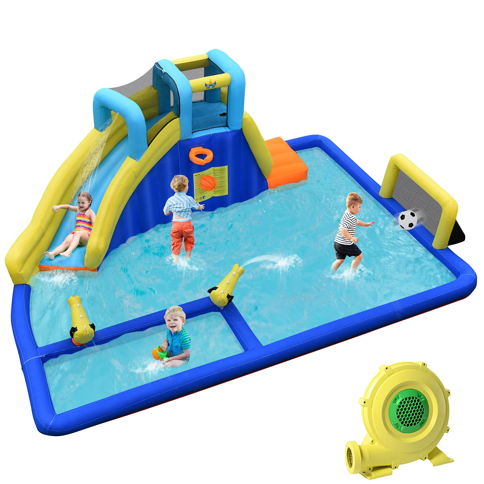 BOUNTECH Inflatable Water Park | 6-in-1 Bounce Pool Slide w/ Curved Slide