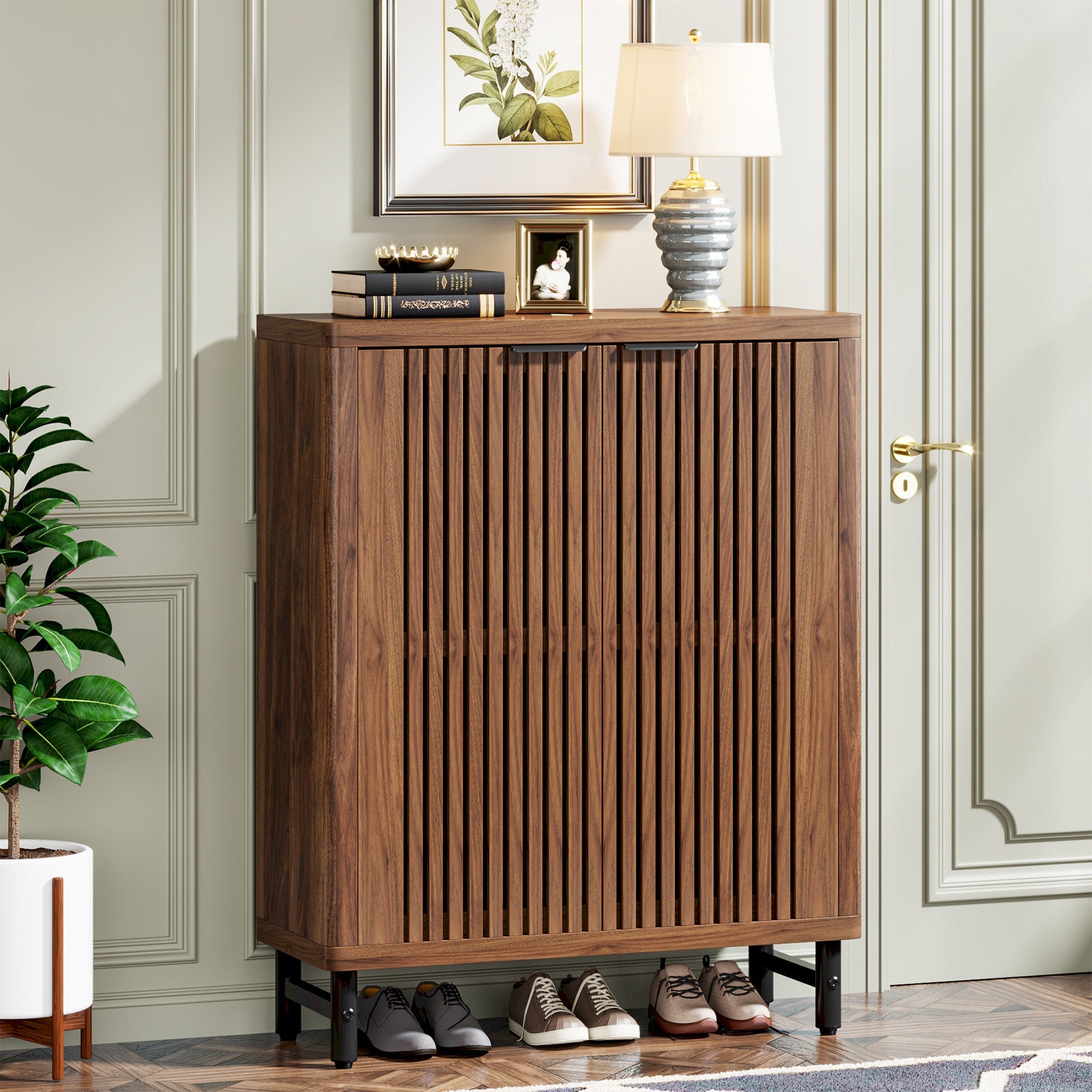 6-Tier Wooden Shoe Cabinet with Louvered Doors & Adjustable Shelves