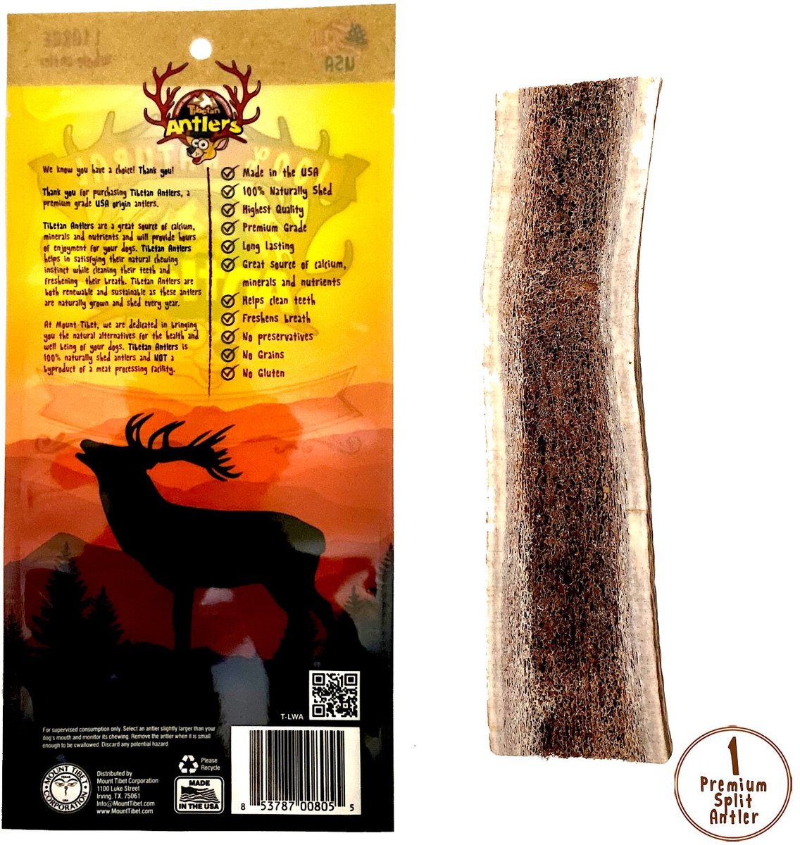 Tibetan Dog Chew Split Antler Grain-Free Dog Treat， 1 count， Large