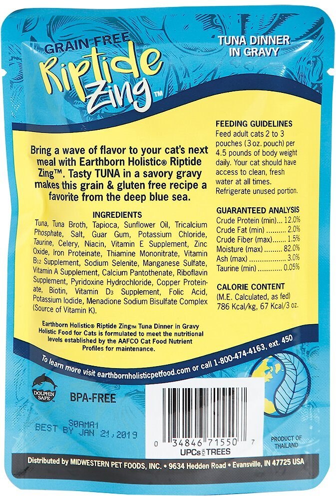 Earthborn Holistic Riptide Zing Tuna Dinner in Gravy Grain-Free Cat Food Pouches