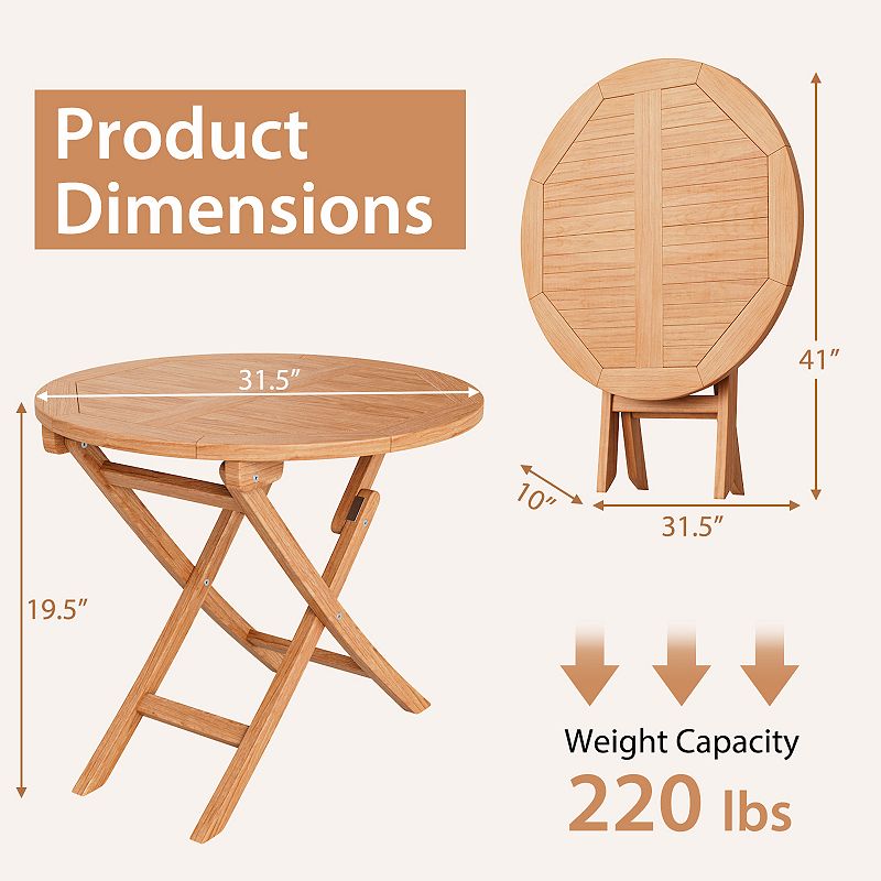 31.5 Inch Folding Patioteak Wood Round Coffee Table