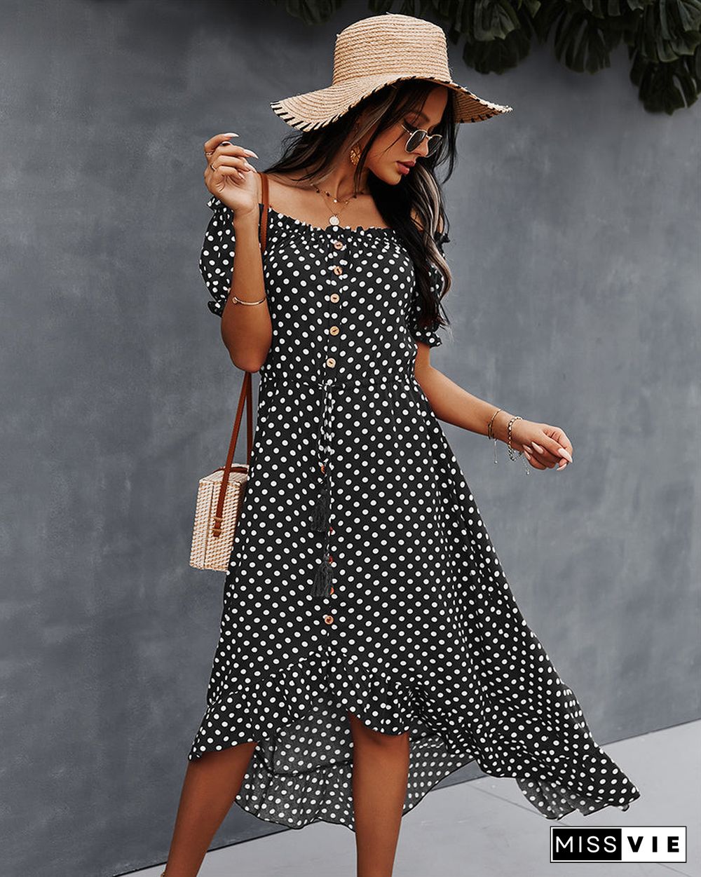 Off Shoulder Polka Dot Button Down Maxi Dress