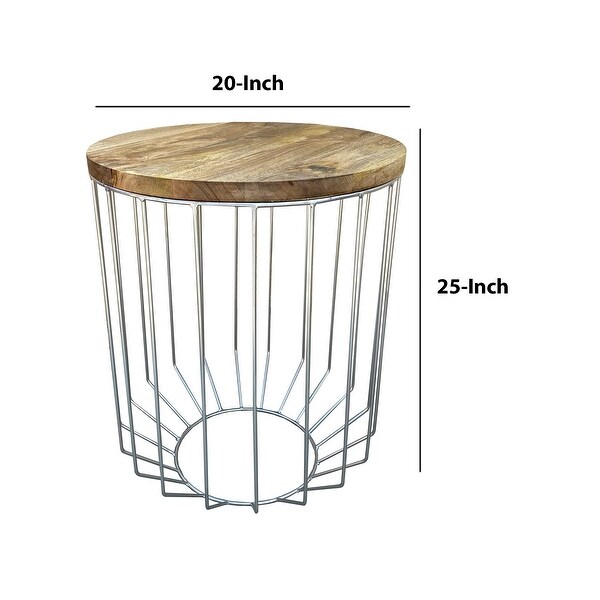 25 Inch Mango Wood Round Side End Accent Table， Tapered Slatted Cage Design