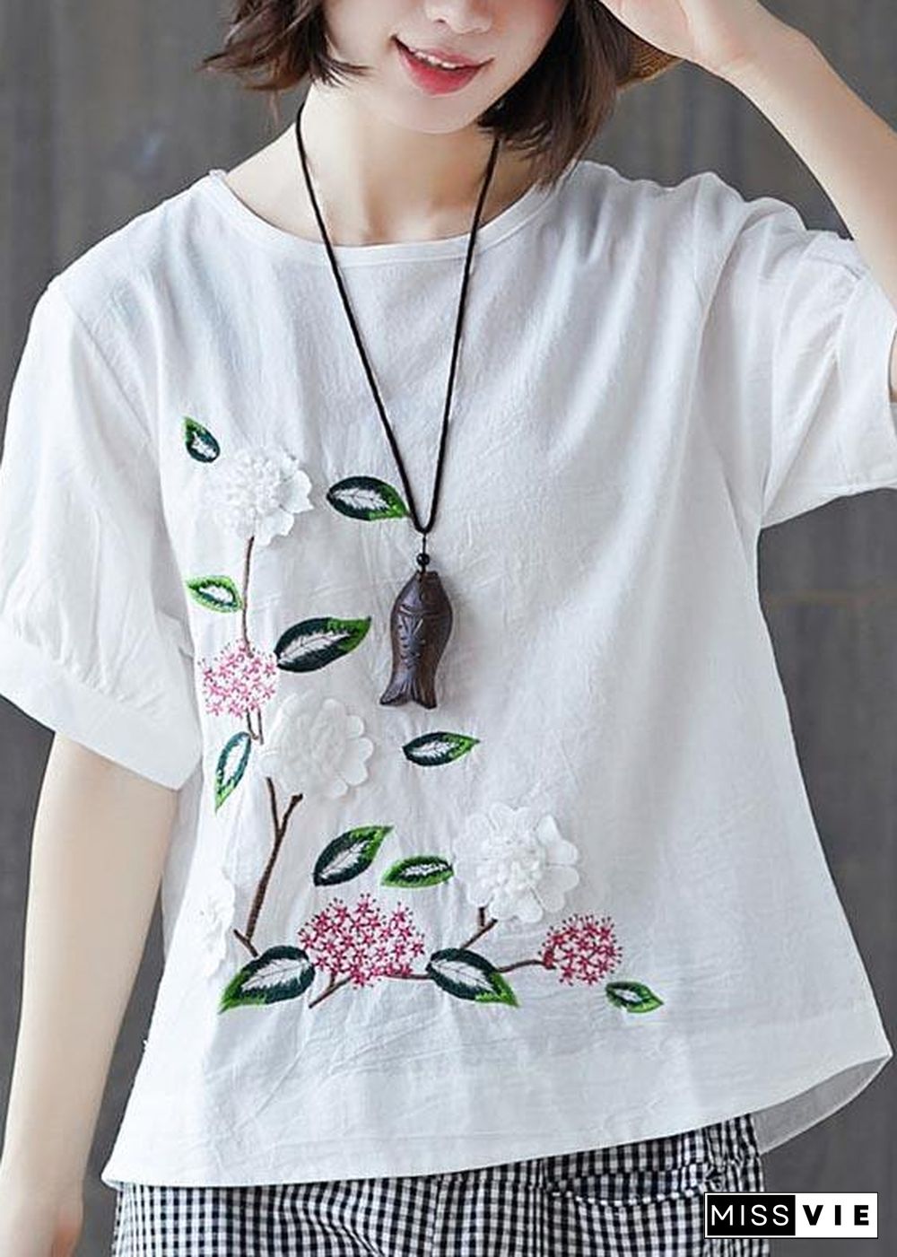 Loose White Embroideried Floral Cotton Linen Tees Summer