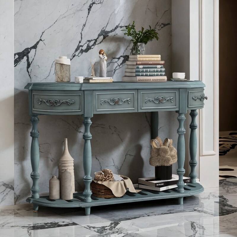 52'' Contemporary Curved Console Table with 4 Drawers  Modern Sofa Table with 1 Shelf for Living Room  Antique Blue